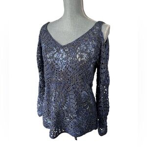 INC International Concepts l Cold Shoulder Crochet Bell Sleeves Sweater Size L